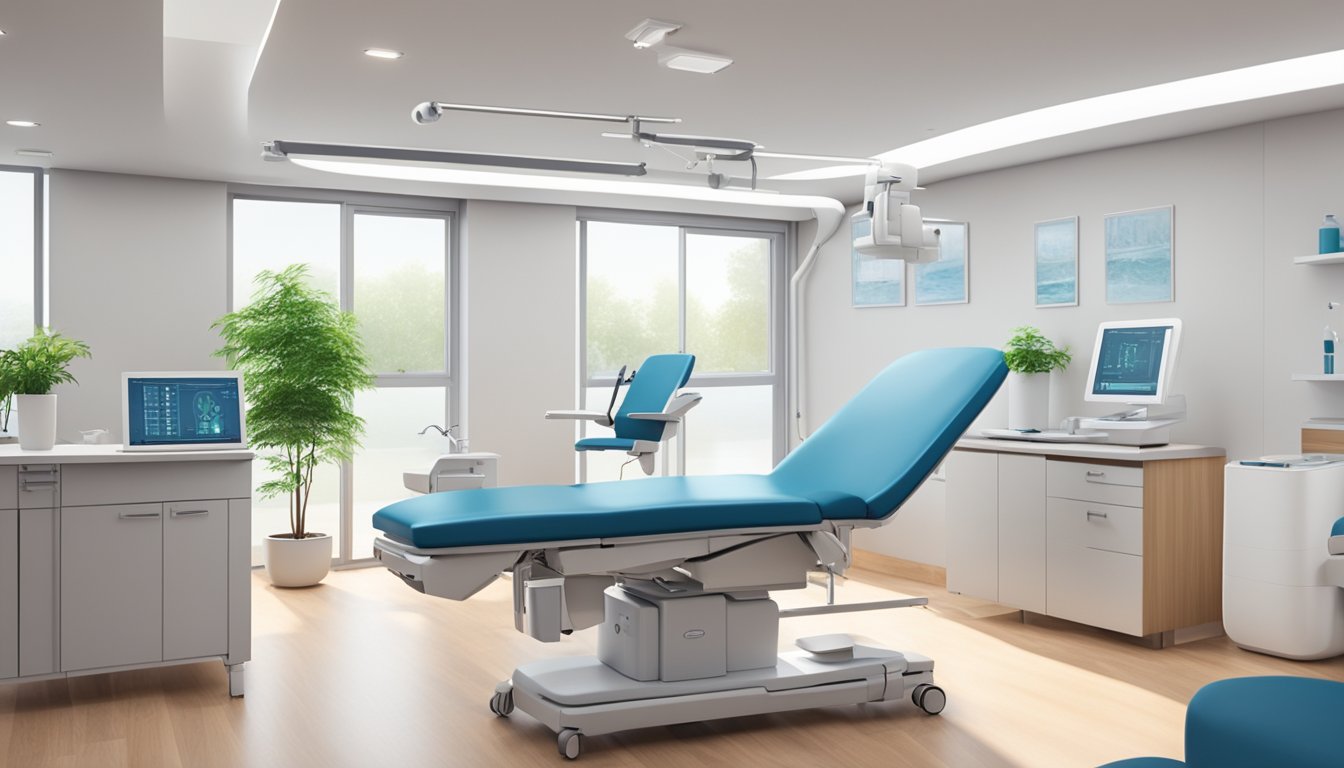 A modern, well-equipped cardiology clinic with a calming, professional atmosphere. The space is bright and airy, with comfortable seating and state-of-the-art medical equipment