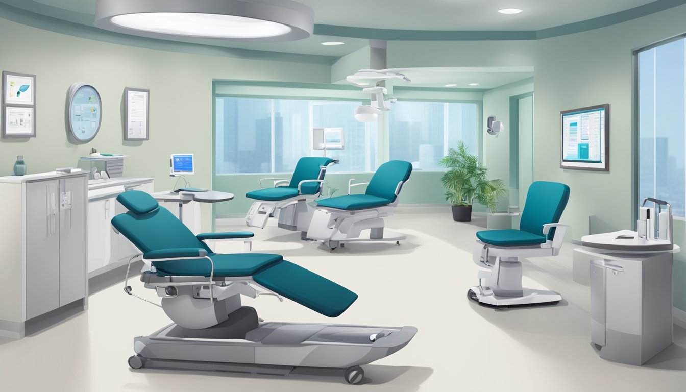 A modern, sleek clinic interior with AHVC logo prominently displayed. Medical equipment and comfortable seating for patients