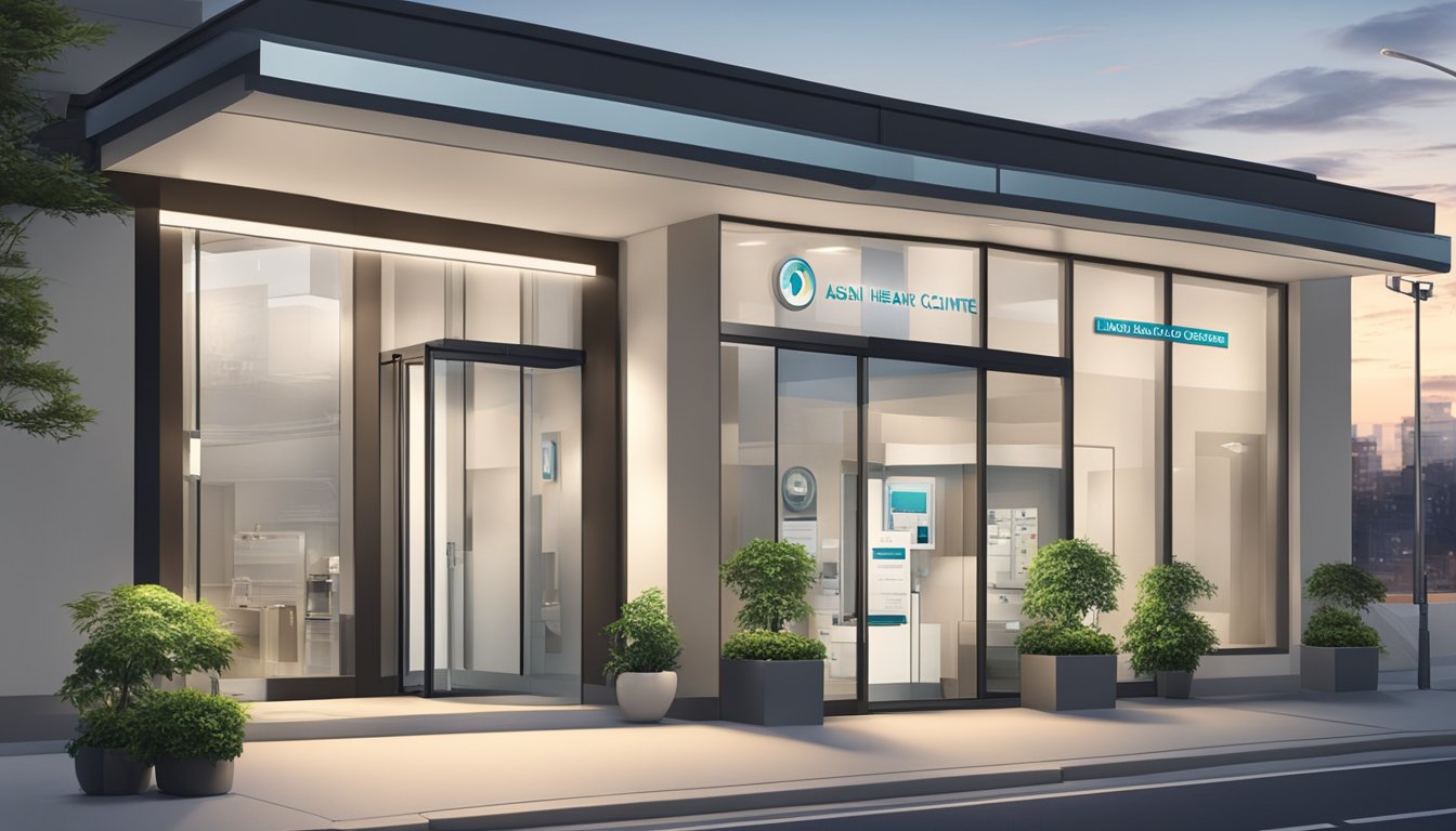 A modern, well-lit cardiology clinic with a prominent sign displaying "Asian Heart & Vascular Centre (AHVC)." Business hours and contact information are clearly posted