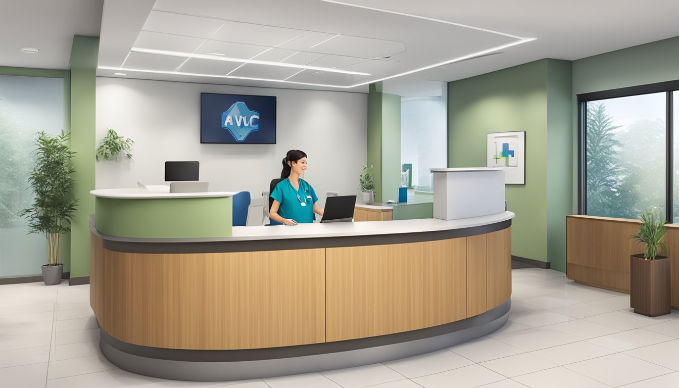 A modern, clean medical office with AHVC logo, comfortable seating, and a reception desk with a friendly staff member