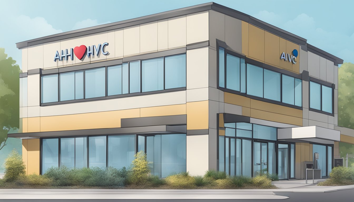 A modern, well-equipped cardiology clinic with the AHVC logo prominently displayed