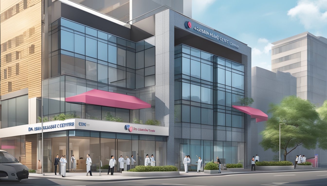 The scene depicts the Asian Heart & Vascular Centre with Dr. Edgar Tay providing cardiology services. The focus is on the signage and exterior of the building