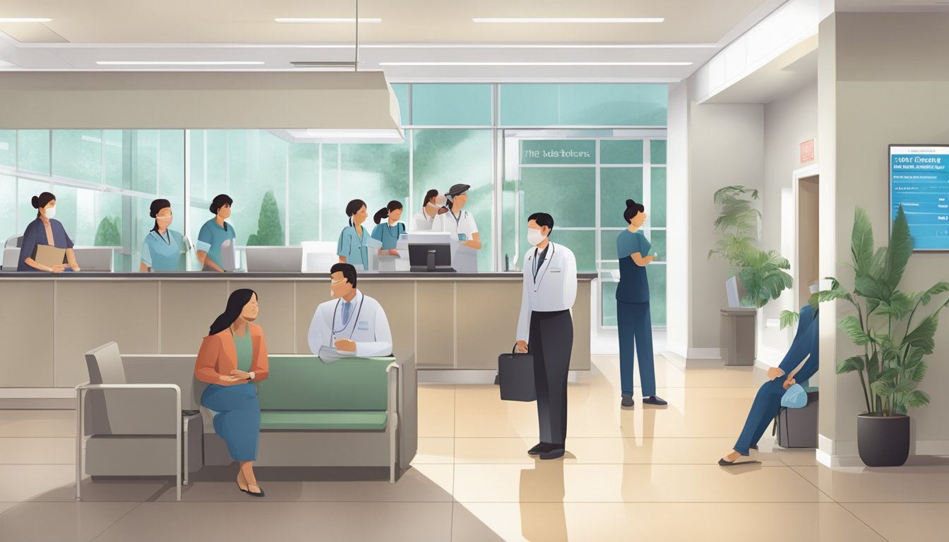 A busy hospital lobby with a prominent sign for "Asian Heart & Vascular Centre". People are waiting in line and a receptionist is busy at the front desk