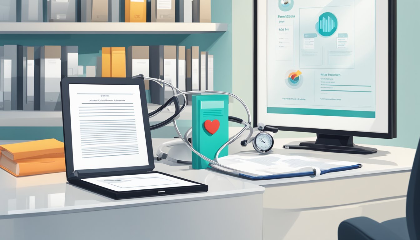 A stethoscope and a heart rate monitor sit on a clean, white desk in a modern medical office. A diploma and medical books line the shelves, with a framed certificate from The Cardiac Centre displayed prominently