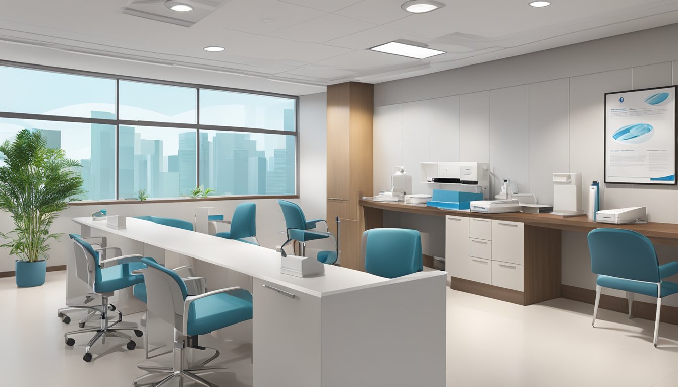 A modern, sleek medical office with the Asian Heart & Vascular Centre (AHVC) logo prominently displayed. Clean, organized, and professional environment