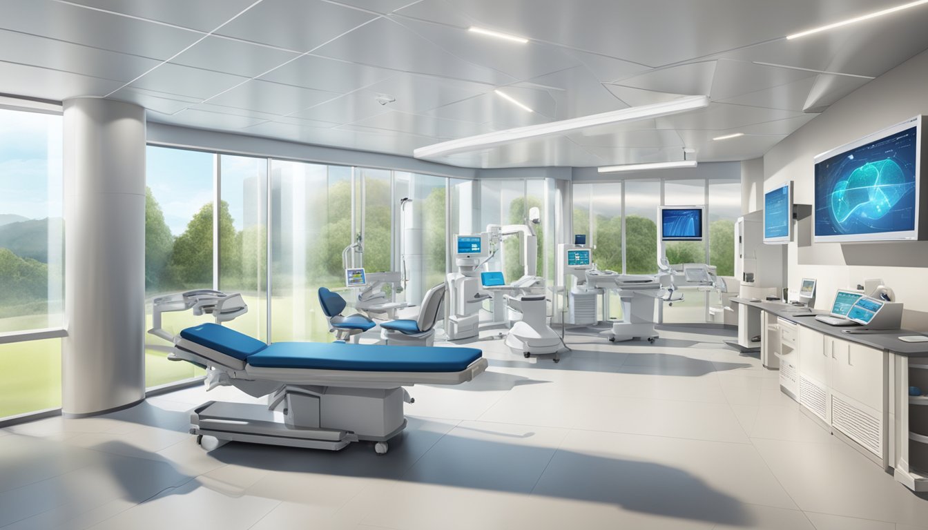 A modern, state-of-the-art cardiac centre with advanced medical equipment and a calming atmosphere