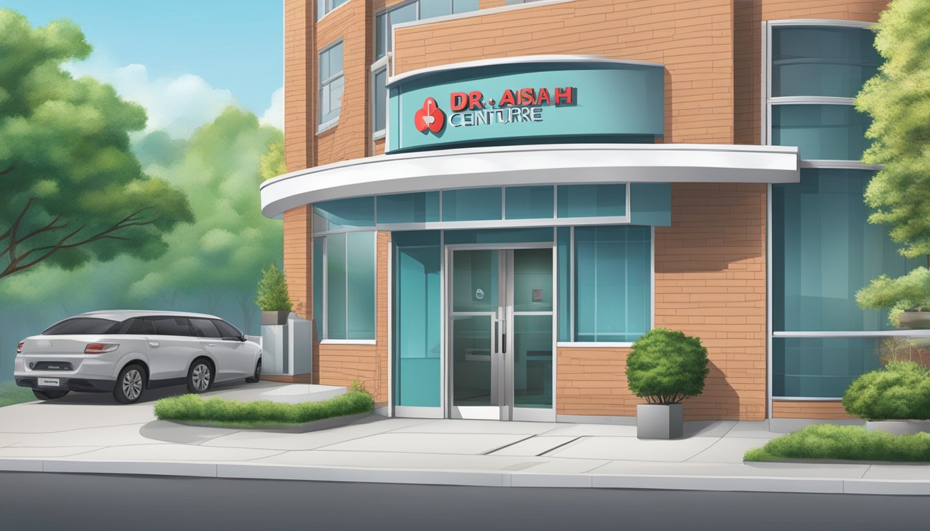 The scene depicts a modern medical office with the sign "Asian Heart & Vascular Centre" and the name "Dr. Cliff Wong" alongside operating hours
