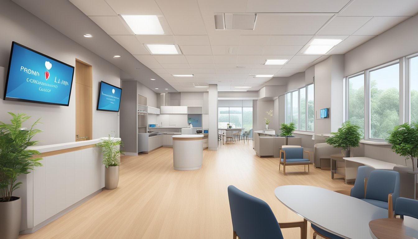 A modern cardiology clinic with Dr. Lim's name and logo prominently displayed. Clean, professional, and inviting atmosphere