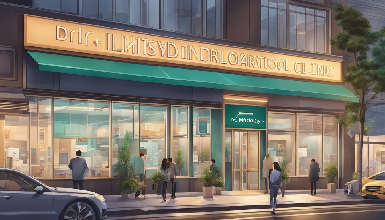 A modern cardiology clinic with Dr. Lim's name on the sign, surrounded by bustling city streets