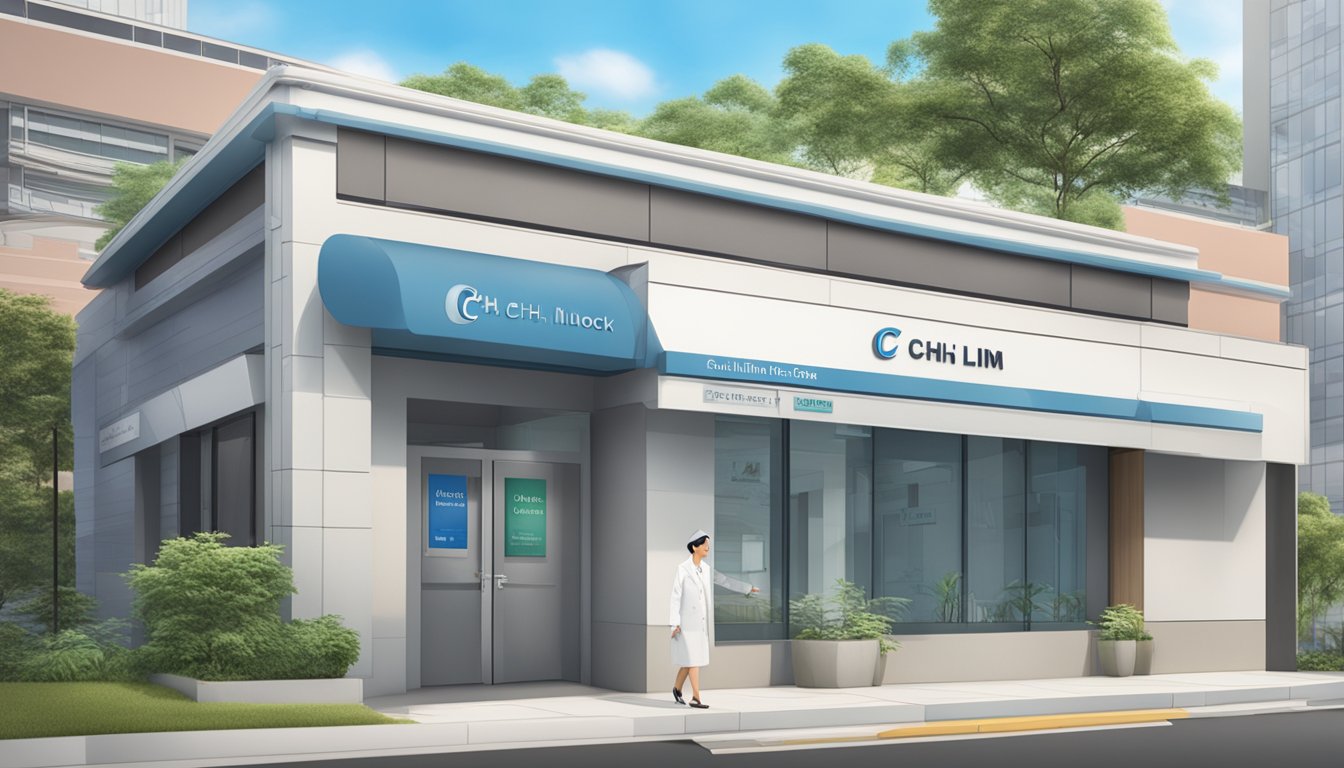An inviting clinic exterior with the name "C H Lim Cardiology Clinic" prominently displayed. A sign indicates the services offered by Dr. Lim Chin Hock