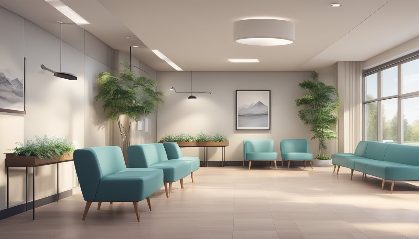 A modern, well-equipped cardiology clinic with a professional and welcoming atmosphere. The waiting area is spacious and comfortable, with soothing decor and natural light