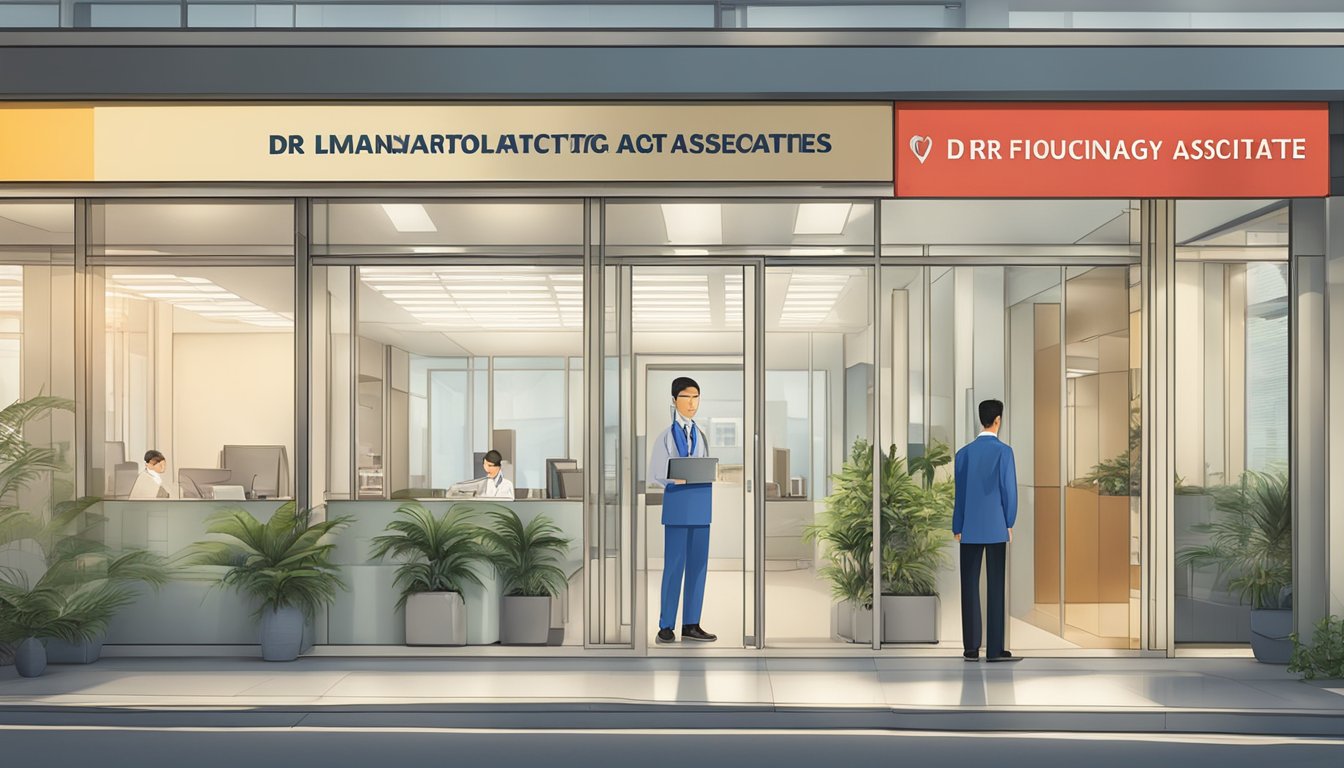 A modern office with a sign reading "Dr Lim Yean Teng - Cardiology Associates Pte Ltd | SG Cardiologist" and operating hours displayed