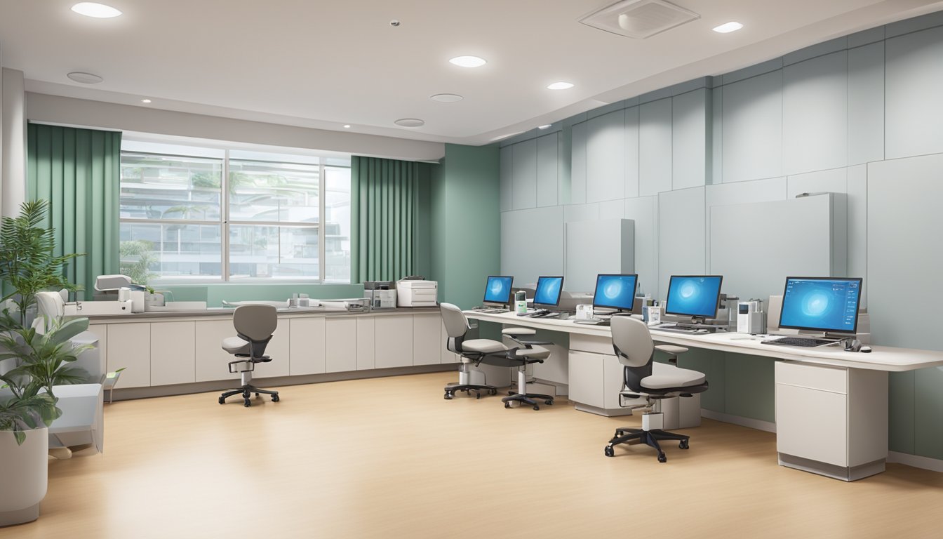 A modern, bustling cardiology clinic at Raffles Specialist Centre, with state-of-the-art equipment and a calming, professional atmosphere