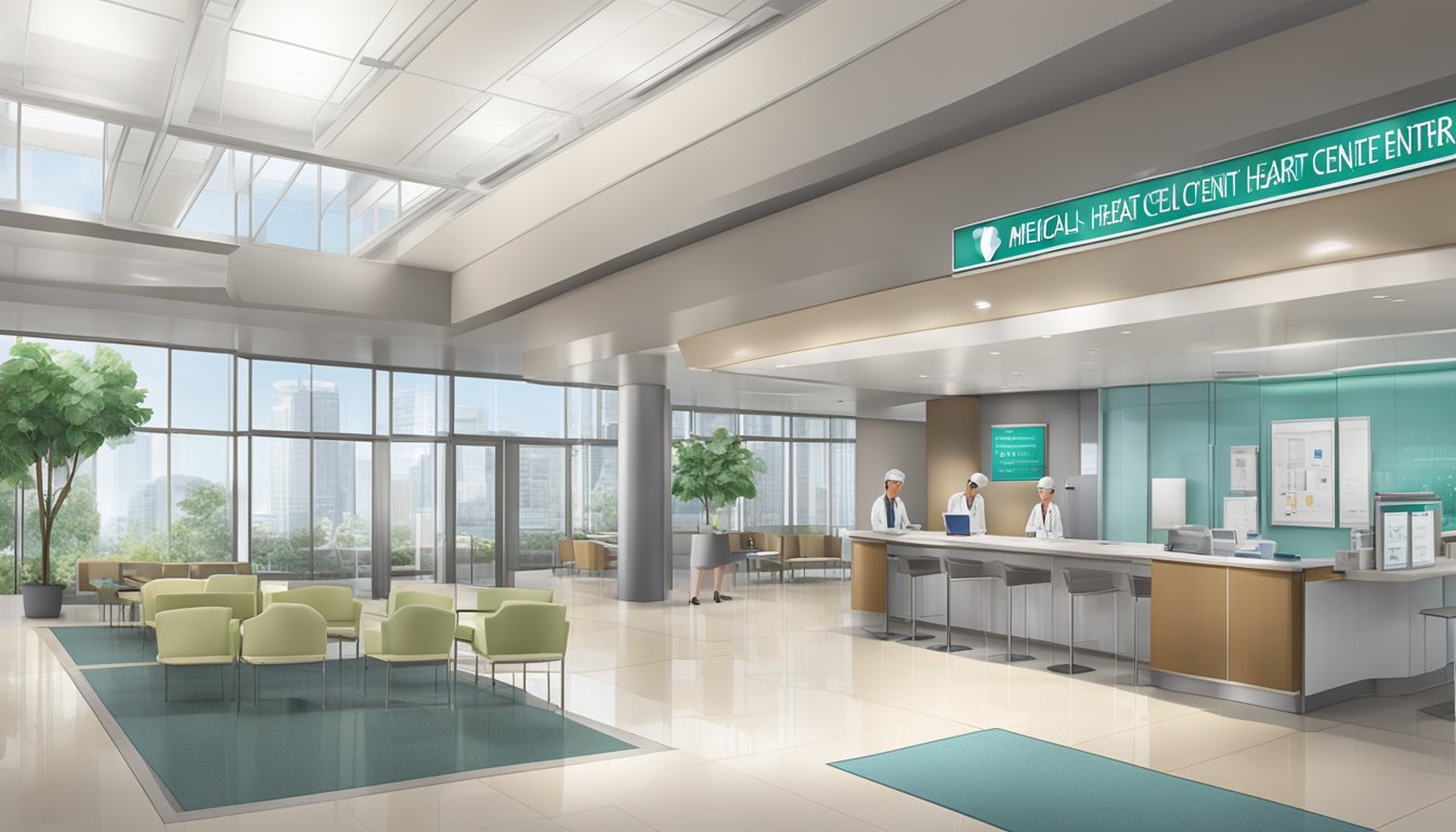 A modern, sleek medical facility with the Raffles Heart Centre signage prominently displayed