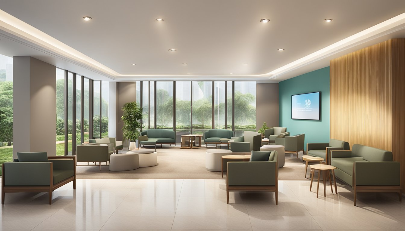 A modern, welcoming lobby at Raffles Heart Centre, with sleek design and comfortable seating, inviting visitors to seek out the expertise of Dr. Ng Wai Lin, a trusted cardiologist at Raffles Specialist Centre