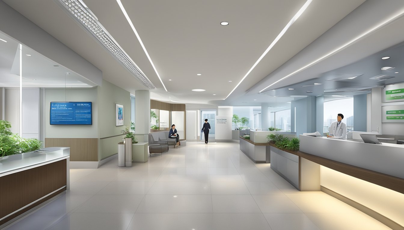 A modern, sleek medical center with the name "Raffles Heart Centre" and "Raffles Specialist Centre" prominently displayed. The contact information for Dr Ng Wai Lin, a cardiologist, is visible along with the operating hours