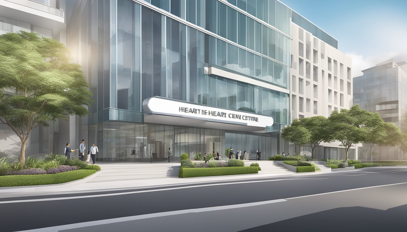A modern and sleek specialist centre with the Raffles Heart Centre sign prominently displayed