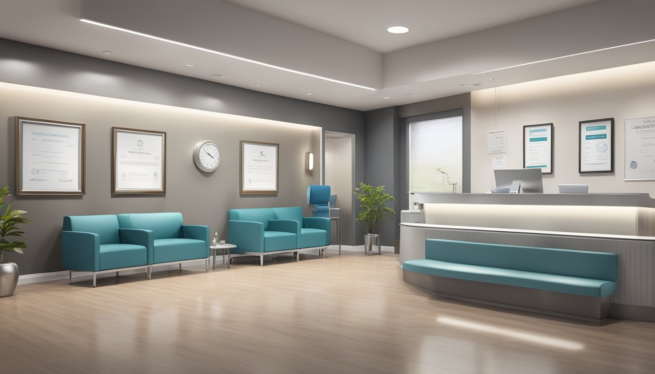 A modern medical concierge office with sleek furniture, a reception desk, and a waiting area. The walls are adorned with framed medical certificates and diplomas