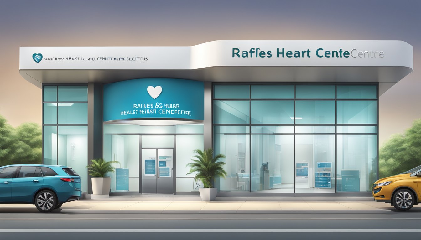 A modern, clean and professional medical clinic exterior with clear signage displaying "Raffles Heart Centre - Raffles Specialist Centre"