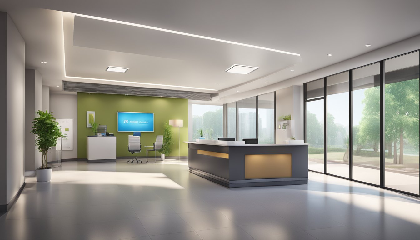 A modern medical concierge office with sleek furniture and a reception desk. Brightly lit with large windows and a logo prominently displayed