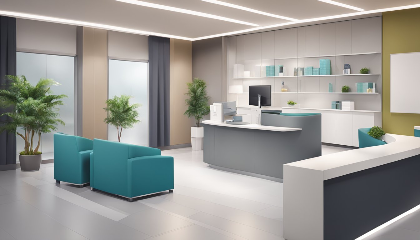 A modern medical concierge office with sleek furniture, a welcoming reception area, and a professional staff assisting patients