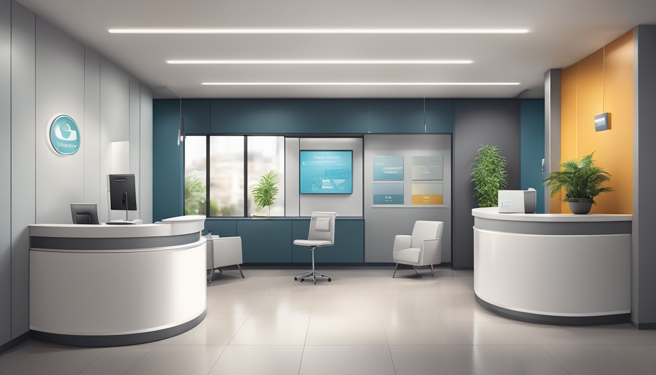 A modern medical concierge office with sleek furniture, a reception desk, and a large logo on the wall. The opening hours and contact information are displayed prominently