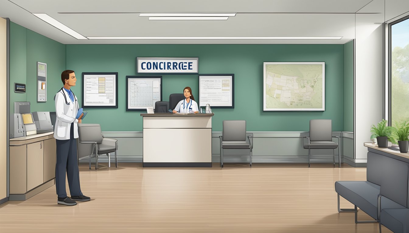 A bustling medical concierge office with staff assisting patients, a waiting area with comfortable seating, and a prominent sign displaying the company name