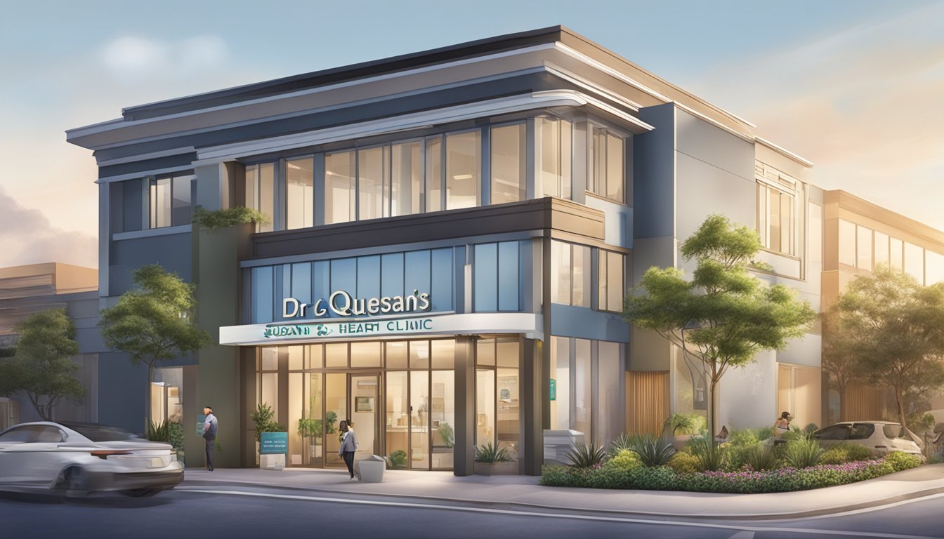 The exterior of Dr. Quek Susan's Heart Care Clinic, with a prominent sign and a modern, inviting facade