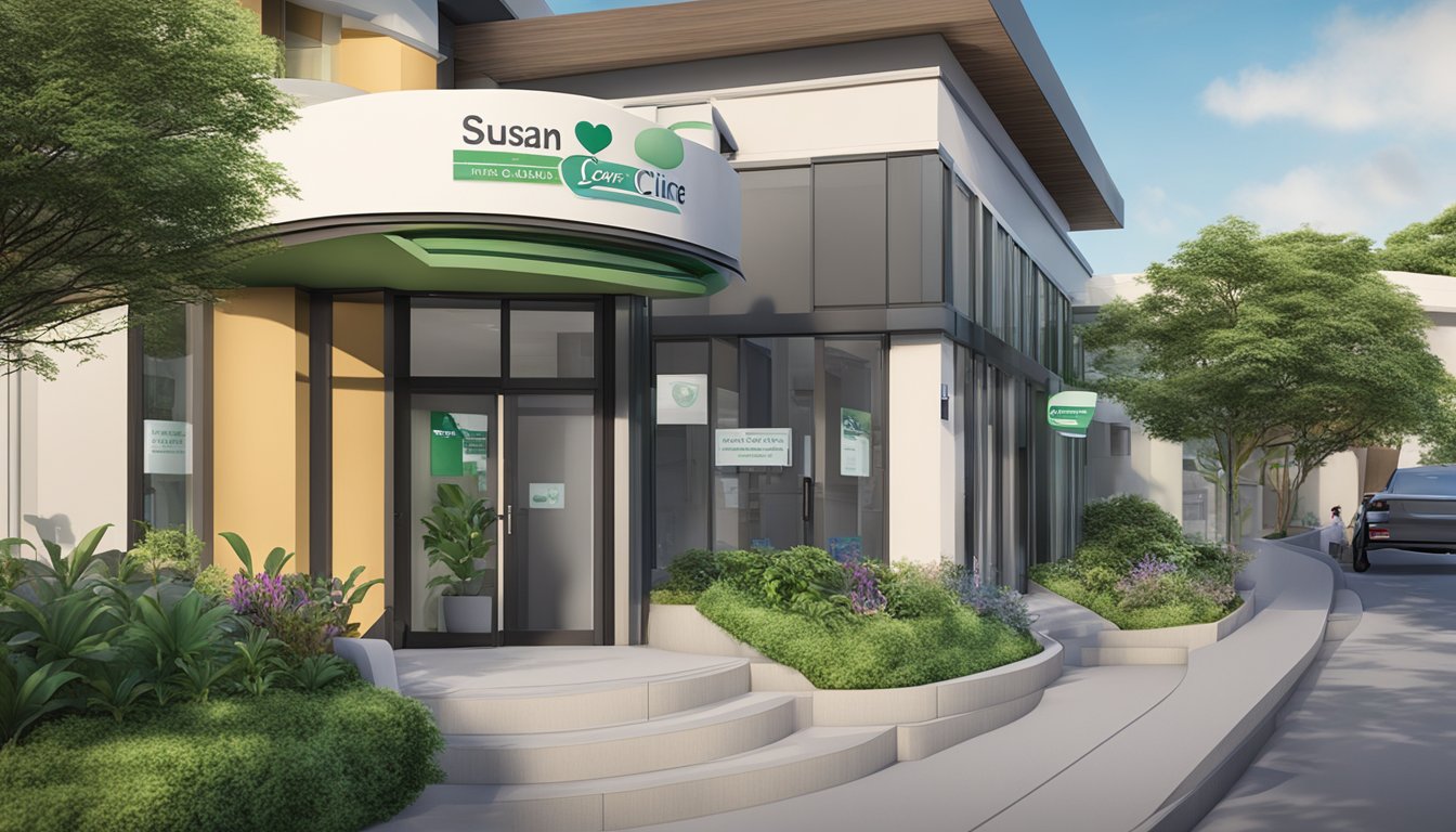The scene shows the exterior of the Susan Quek Heart Care Clinic, with a sign displaying the clinic's name and logo. The building is modern and well-maintained, with a welcoming entrance and lush landscaping