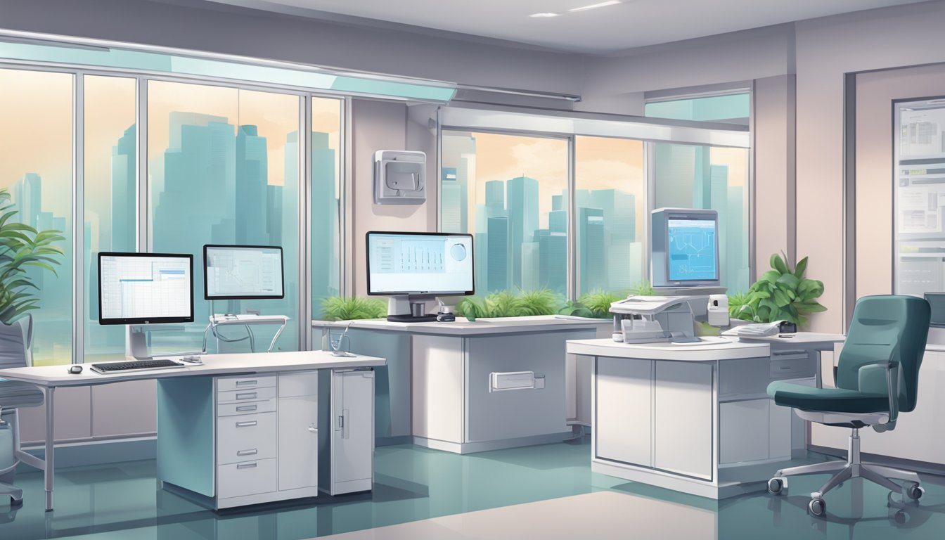 A modern, clean clinic with the name "Susan Quek Heart Care Clinic" prominently displayed. A stethoscope and heart monitor are on a desk