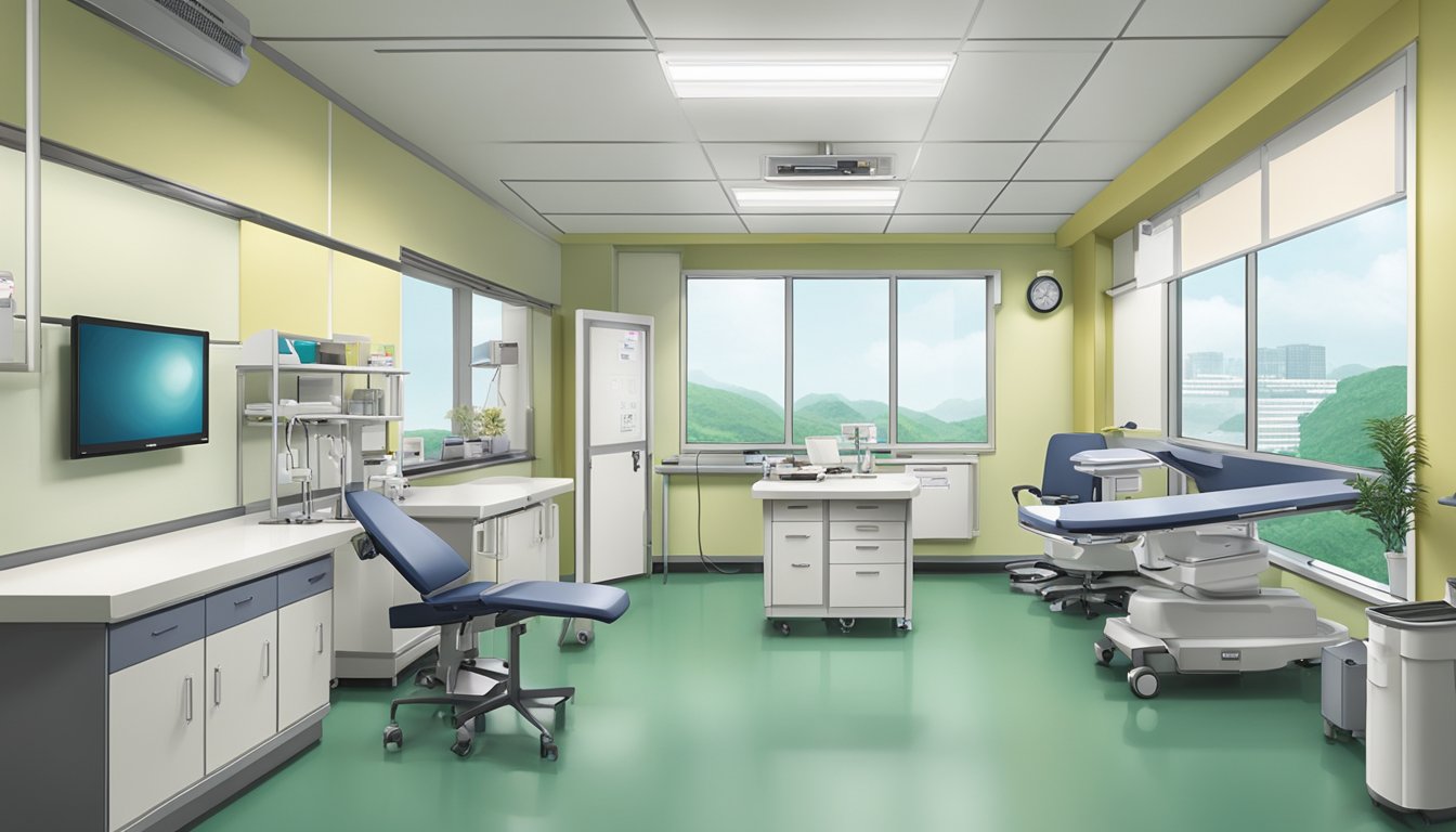 A modern, well-lit clinic room at Tan Tock Seng Hospital, with medical equipment and a desk for Dr. Loh Kwok Kong Jason, a renowned cardiologist
