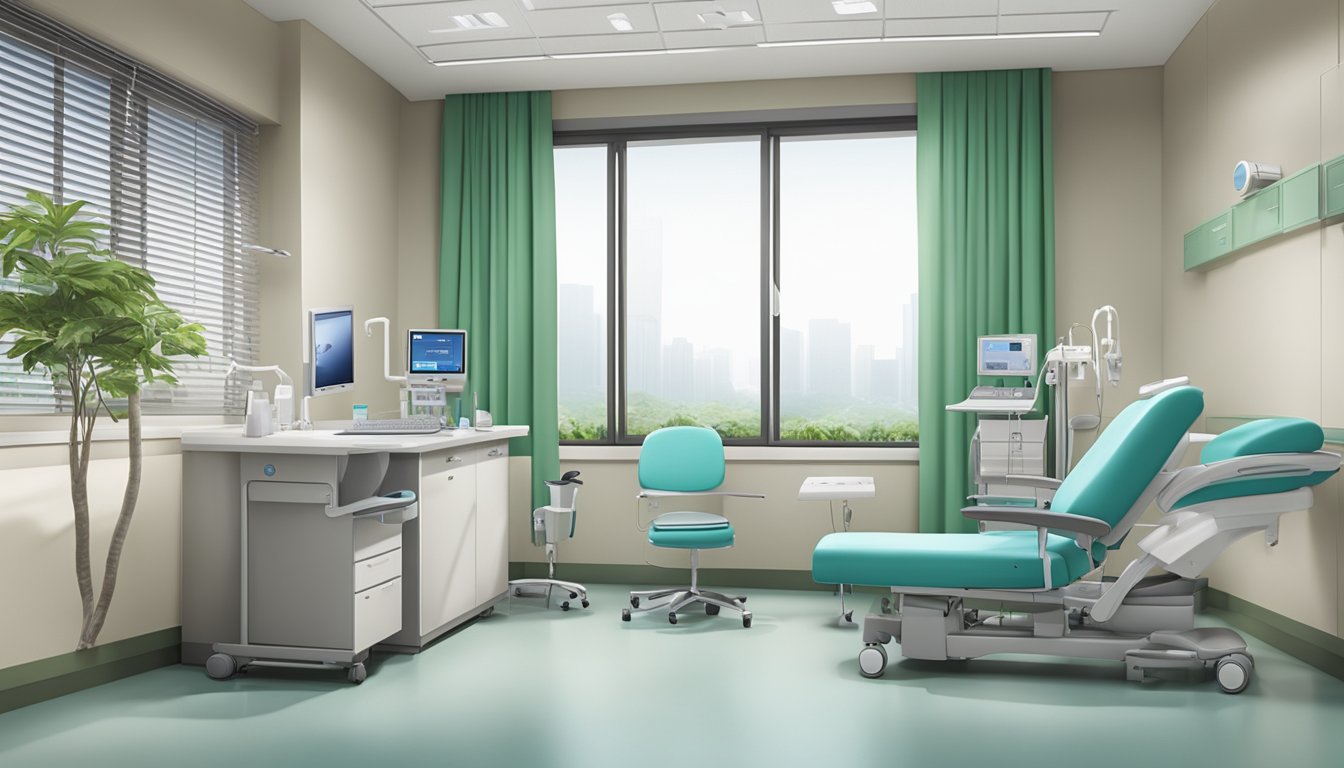 A modern, clean clinic room at Tan Tock Seng Hospital, with medical equipment and comfortable seating