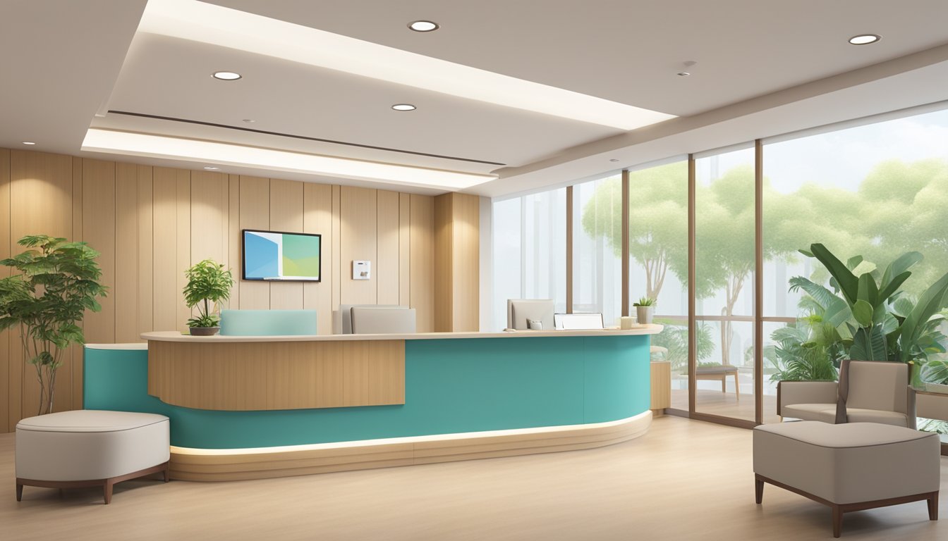 A bright and welcoming waiting area at Clinic 3A, Tan Tock Seng Hospital. A reception desk with friendly staff, comfortable seating, and soothing decor