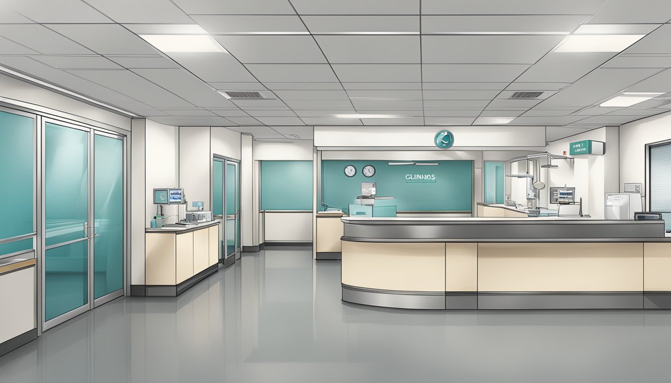 A modern and clean hospital clinic with the sign "Clinic 3A - Tan Tock Seng Hospital | SG Cardiologist" displayed prominently