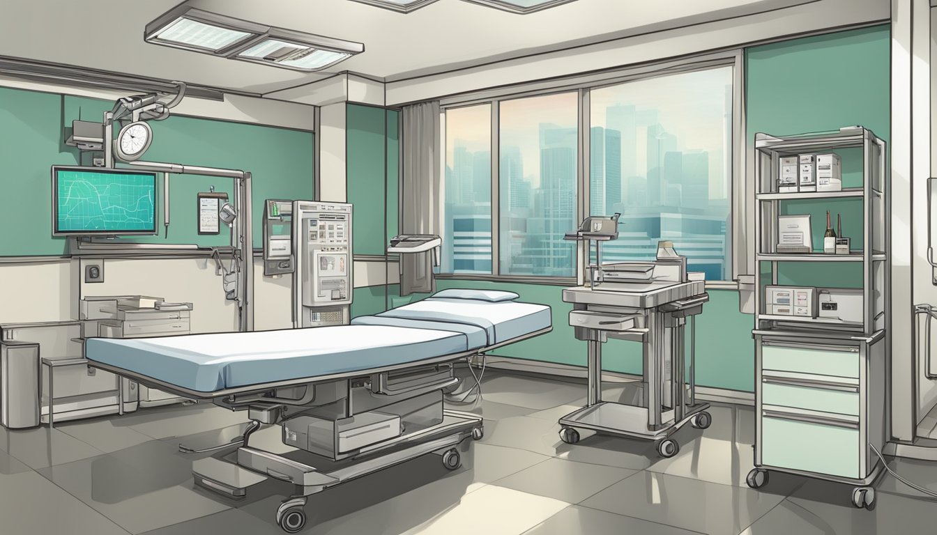 A modern hospital room with medical equipment and a desk labeled "Dr. Prabath Joseph Francis - Clinic 3A - Tan Tock Seng Hospital | SG Cardiologist."