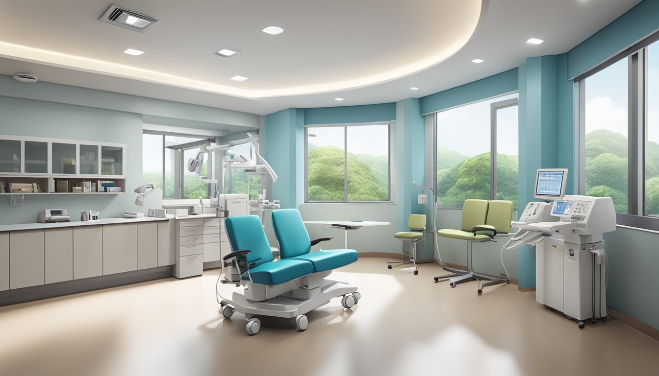 A modern, well-lit cardiologist's clinic at Tan Tock Seng Hospital, with medical equipment and comfortable seating for patients