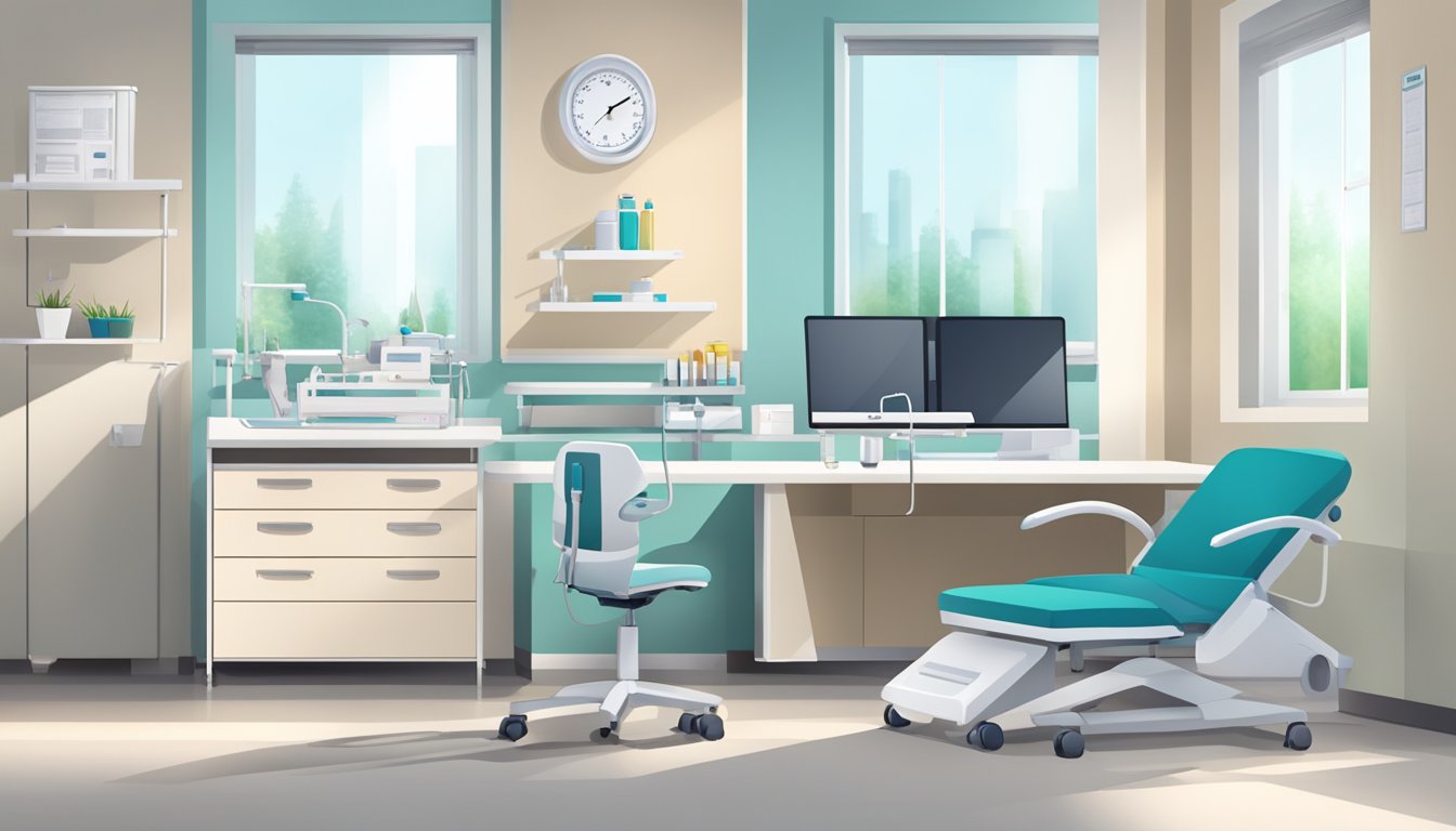 A modern clinic room with medical equipment and a desk. The room is bright and organized, with a professional and welcoming atmosphere