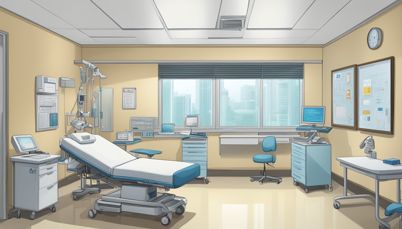 A serene hospital room with medical equipment and a desk, labeled "Clinic 3A - Tan Tock Seng Hospital," where Dr. Loh Seet Yoong, a cardiologist, works