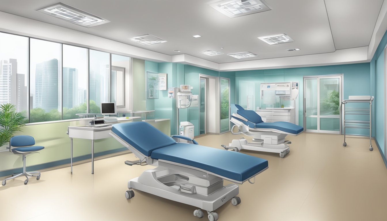 A modern hospital clinic with the sign "Clinic 3A – Tan Tock Seng Hospital" and contact information for Dr Loh Seet Yoong, a cardiologist