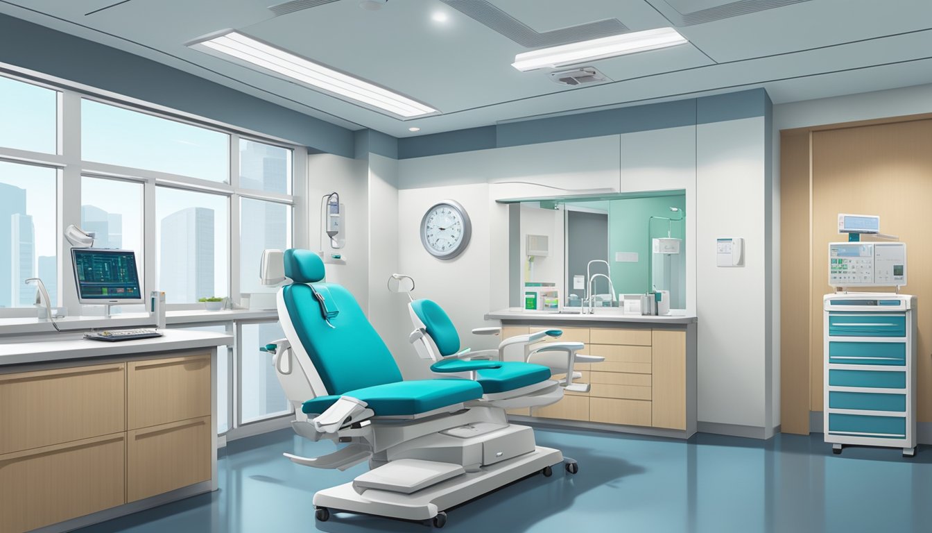 Dr. Ching Min Er's clinic at Tan Tock Seng Hospital, Singapore. Brightly lit, with modern medical equipment and comfortable seating