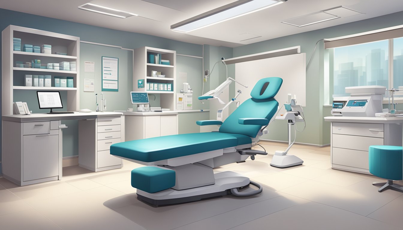 A modern clinic setting with medical equipment, a desk, and comfortable seating. The space is clean and well-lit, with the clinic name and doctor's title prominently displayed