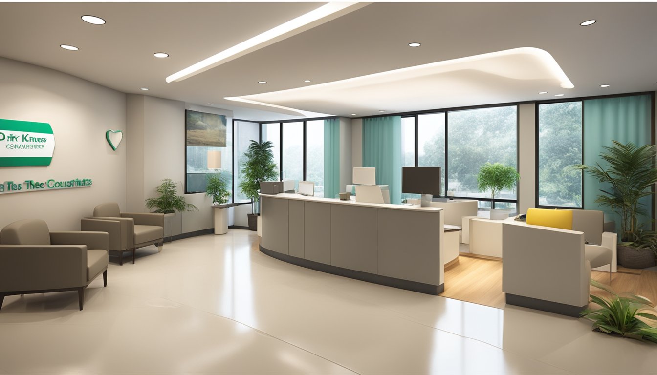 A modern medical office with a sleek reception desk, comfortable waiting area, and state-of-the-art equipment. The logo of Dr Ho Kheng Thye - The Heart Consultants Pte Ltd prominently displayed