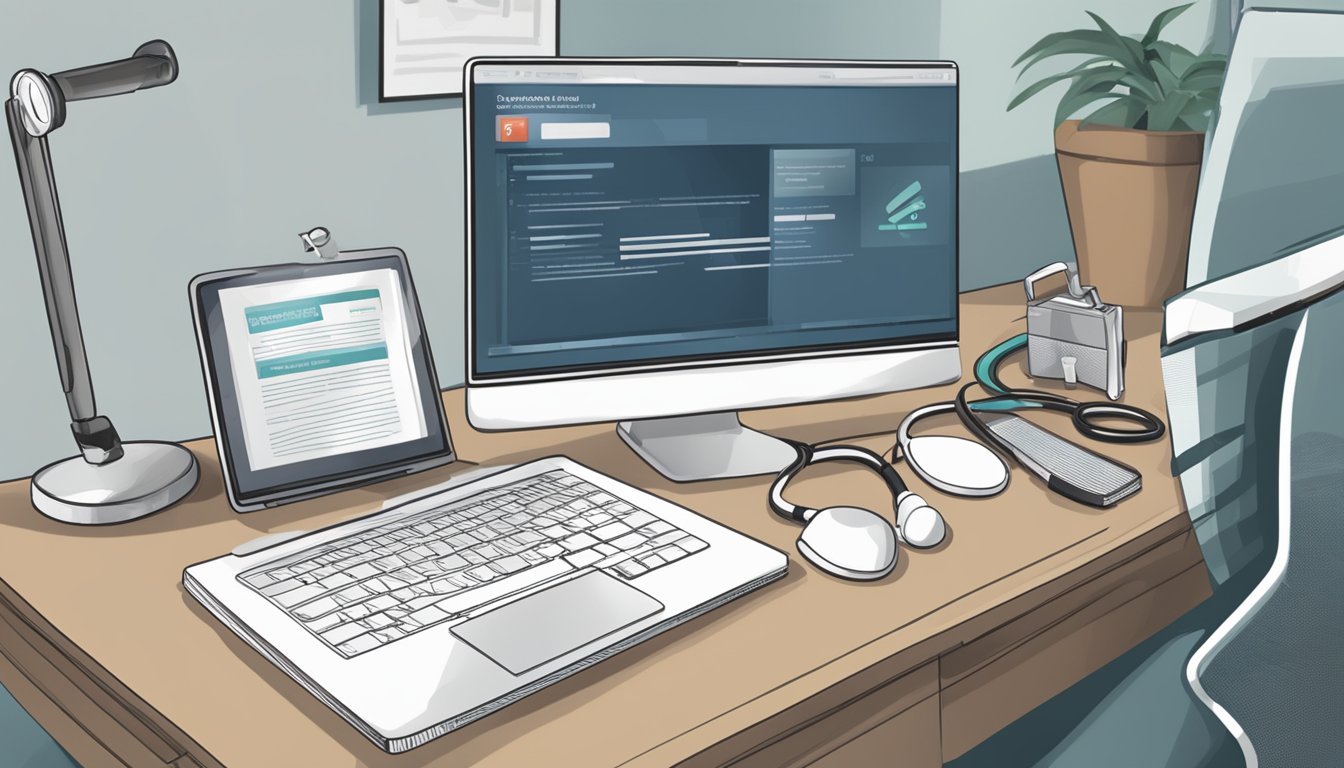 A stethoscope rests on a desk beside a computer displaying a website for "The Heart Consultants Pte Ltd." A white coat hangs on a chair