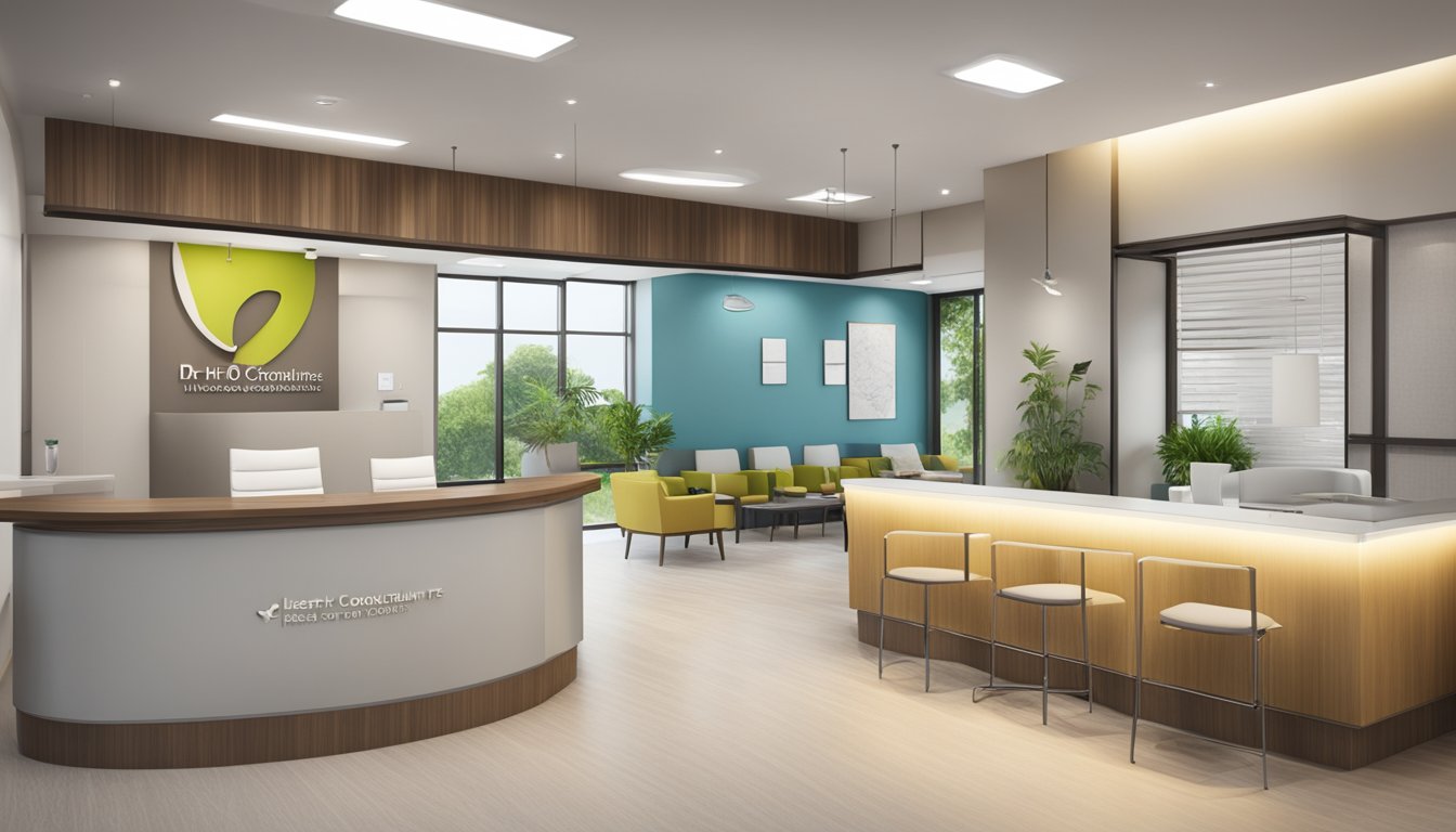 A modern medical office with a sleek reception area, comfortable seating, and professional signage displaying "Dr Ho Kheng Thye - The Heart Consultants Pte Ltd | SG Cardiologist."