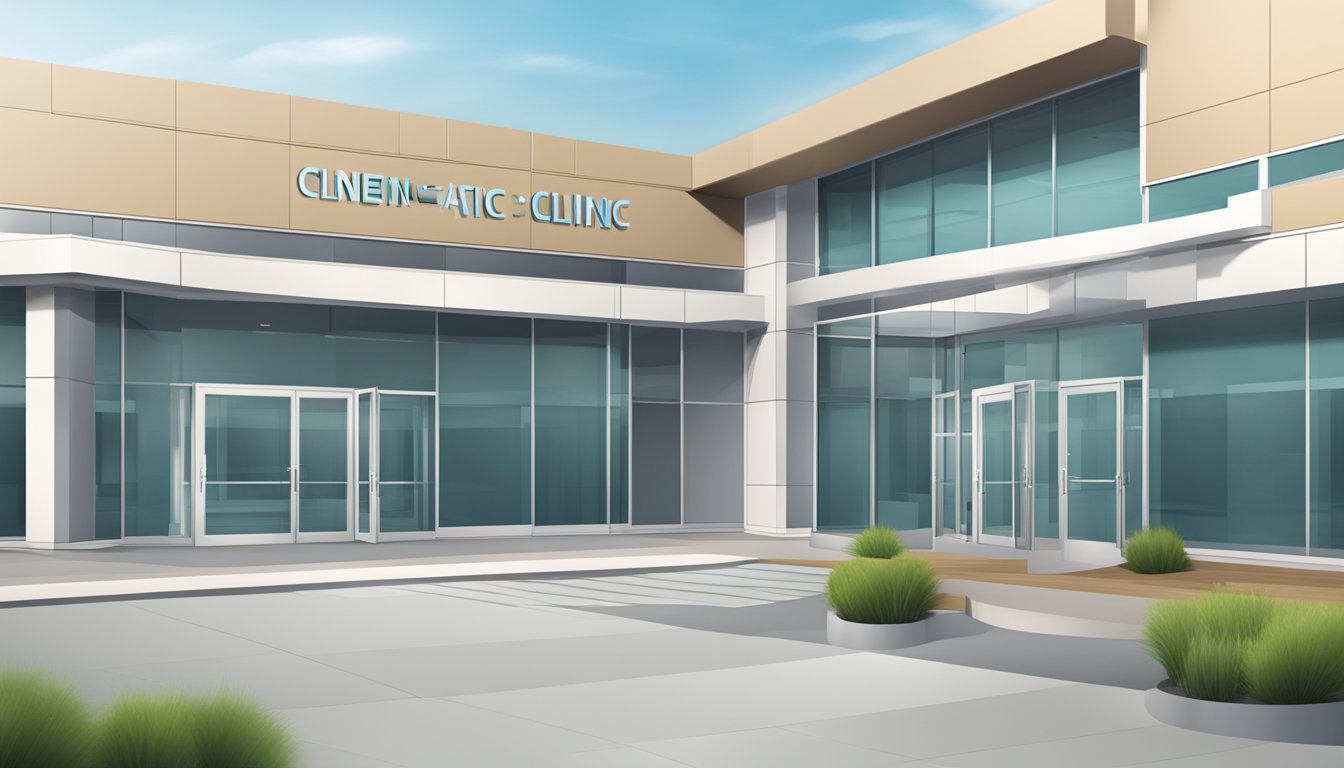 A modern clinic exterior with clear signage, open doors, and a visible clock showing operating hours