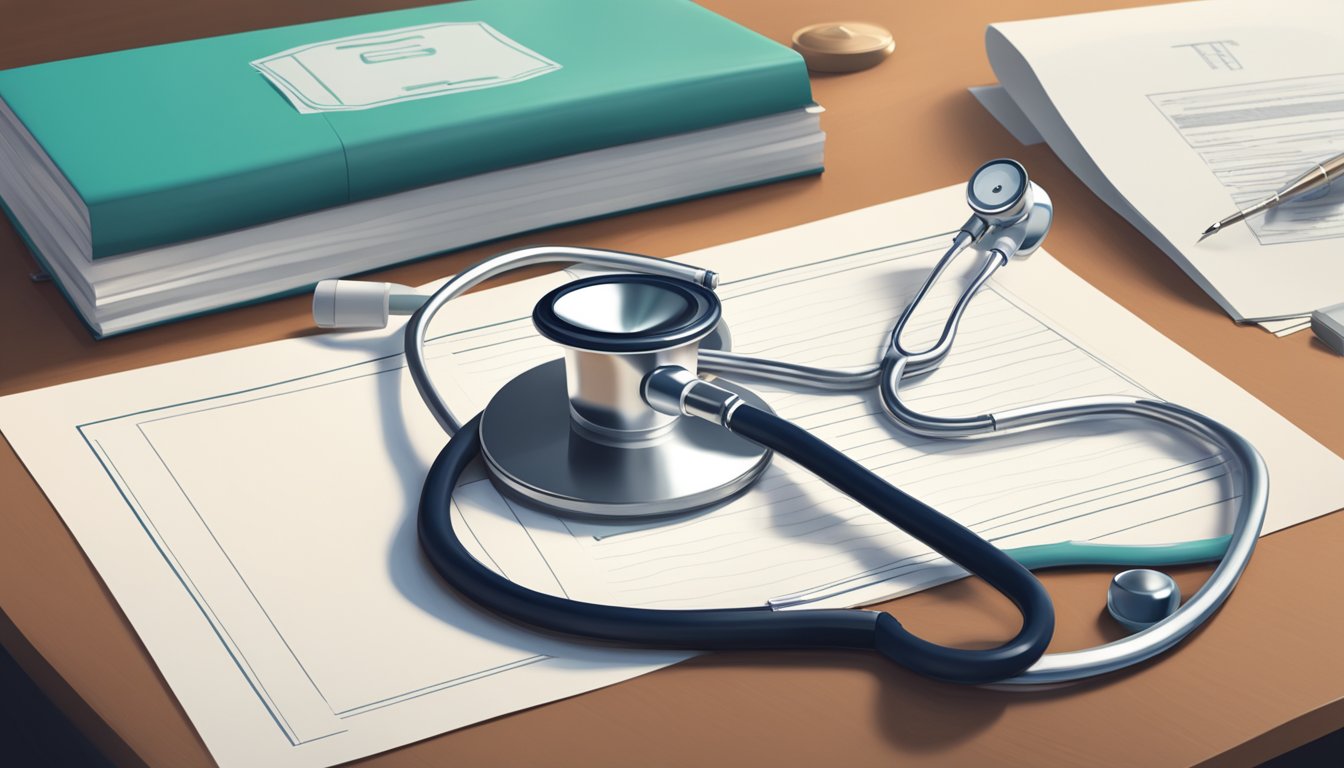 A stethoscope rests on a desk beside a stack of medical files, with a heart-shaped paperweight and a framed medical degree in the background