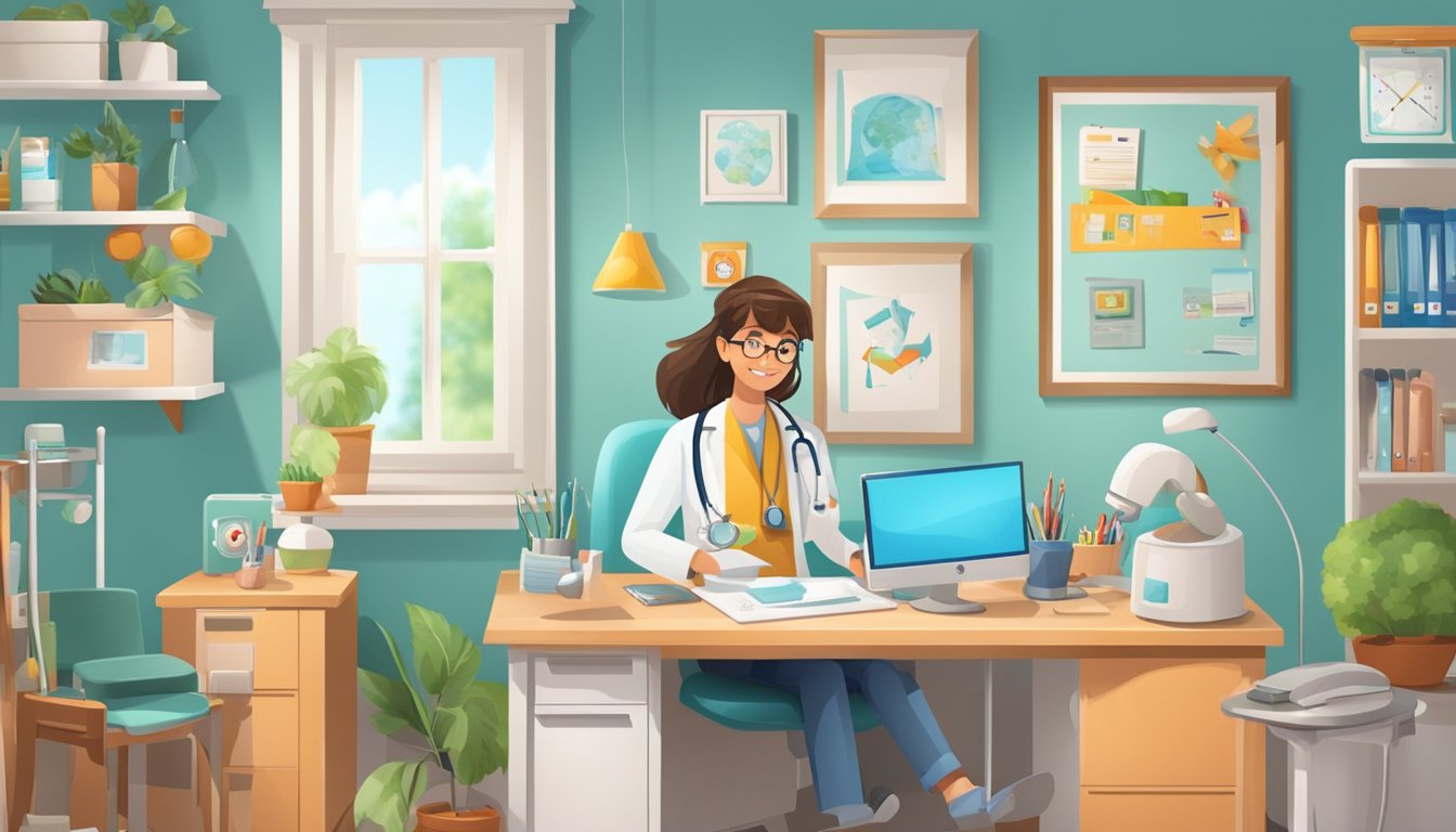 A doctor's office with a desk, computer, medical equipment, and child-friendly decor. Bright and welcoming atmosphere