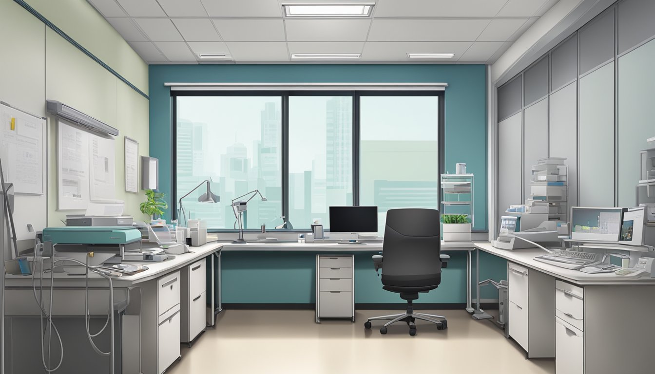 A cardiologist's office at Tan Tock Seng Hospital, with medical equipment and a desk neatly organized