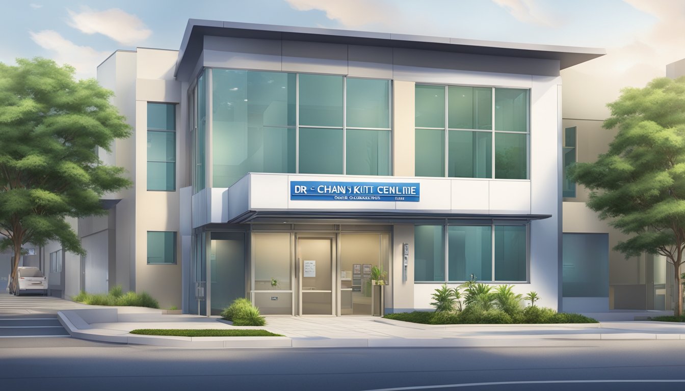 A modern medical clinic exterior with a sign displaying "Dr Chan Kit Yee - SBCC Baby & Child Clinic (Cardiology & Paediatric Centre) | SG Cardiologist" and operating hours