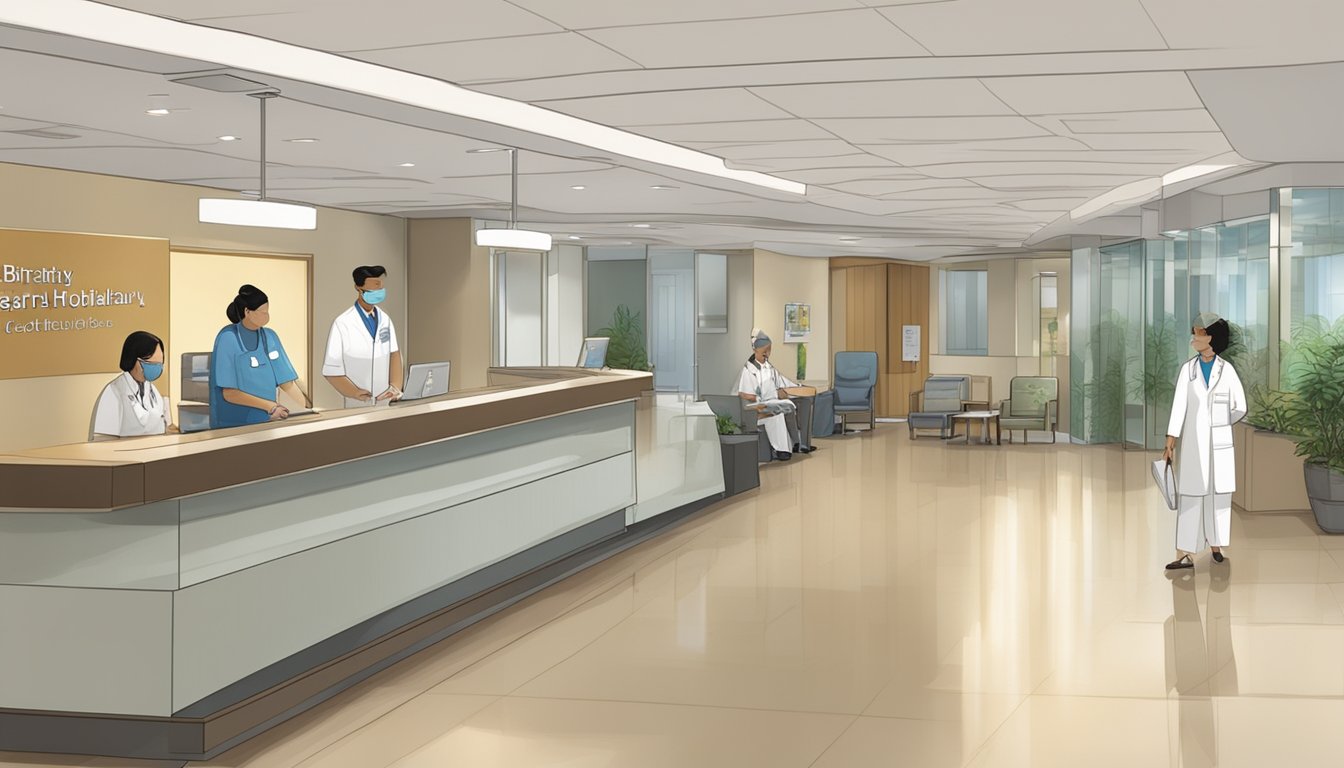 The bustling Tan Tock Seng Hospital lobby, with a prominent sign for Cardiology, showcases a modern and welcoming environment for patients seeking the expertise of Dr. Bharat Khialani